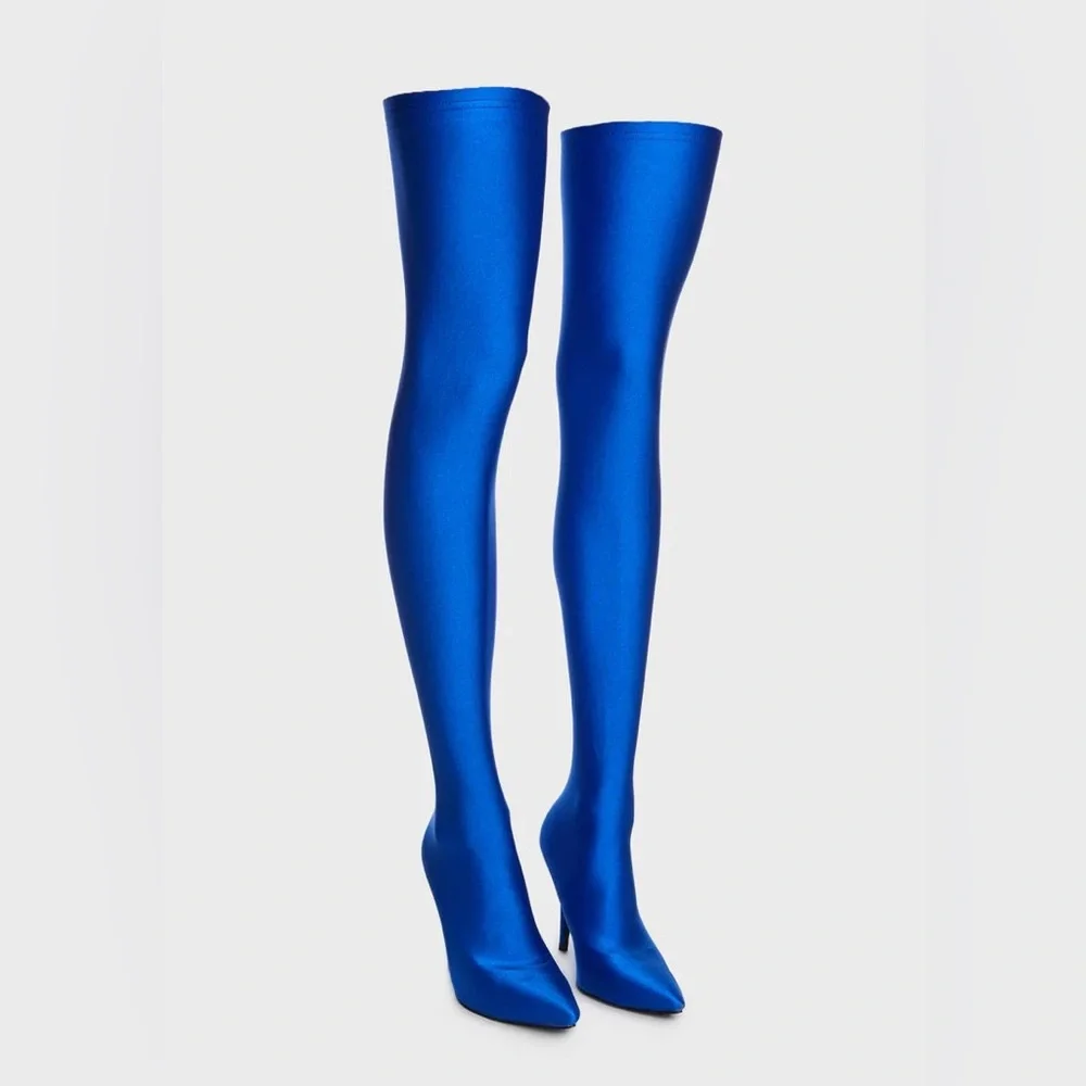 AZALEA WANG Blue Stretch Thigh High Stiletto Boot